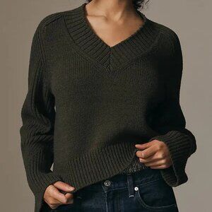 NEW Anthropologie Bell-Sleeve V-Neck Sweater green cropped small NWT